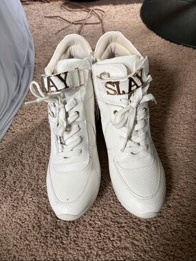 Shoe Dazzle White High-Top Sneakers with Gold SLAY Accent